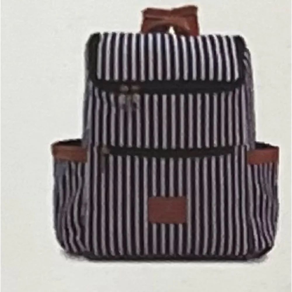 Jessica Moore Striped Backpack New 2 Zipper Sections 3 Pockets Navy White Brown